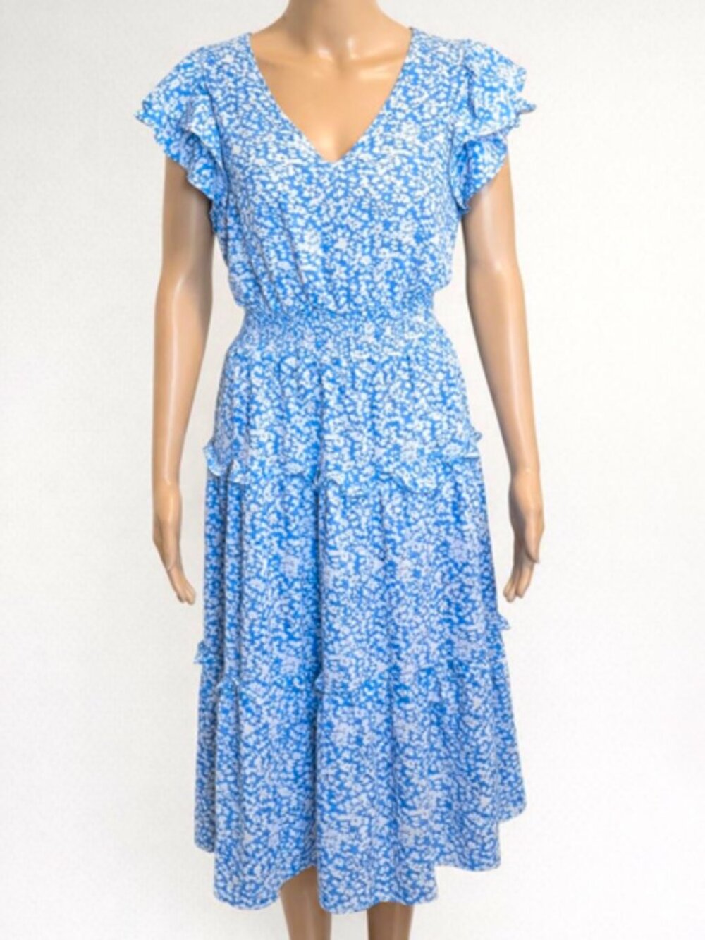Sienna Sky Floral Midi Dress Blue Flutter Sleeve Smocked Tiered Cottagecore